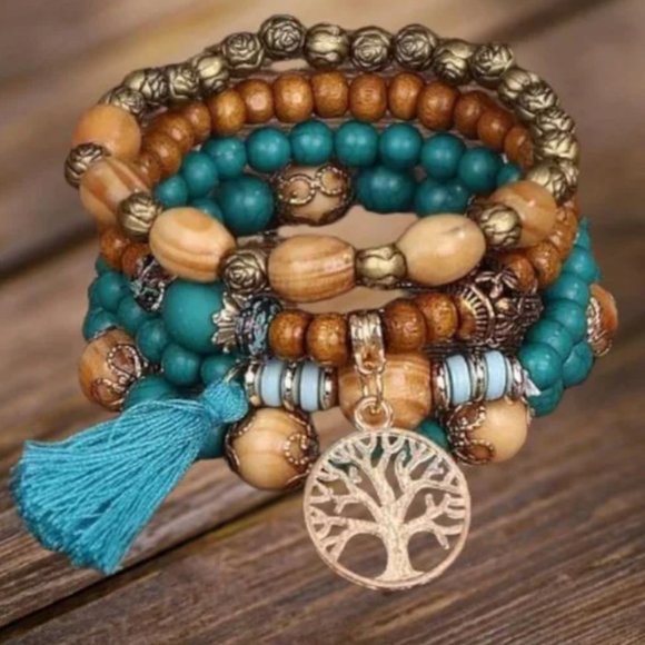 4 Beaded Stretch Bracelets w/Turquoise tassel and Tree of Life Pendant - Picture 2 of 3